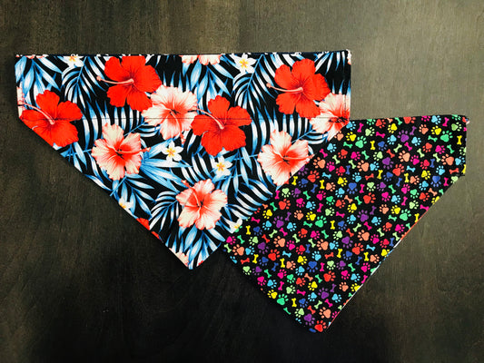 Tropical Flowers/Multi-Colored Pawprints & Bones
